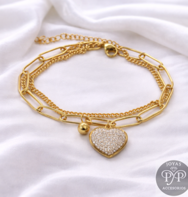 Pulsera Doble Cadena Corazón Brillante