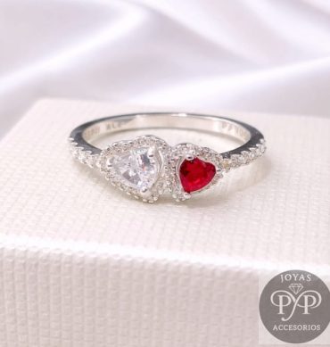 Anillo Plata 950, Doble Corazón