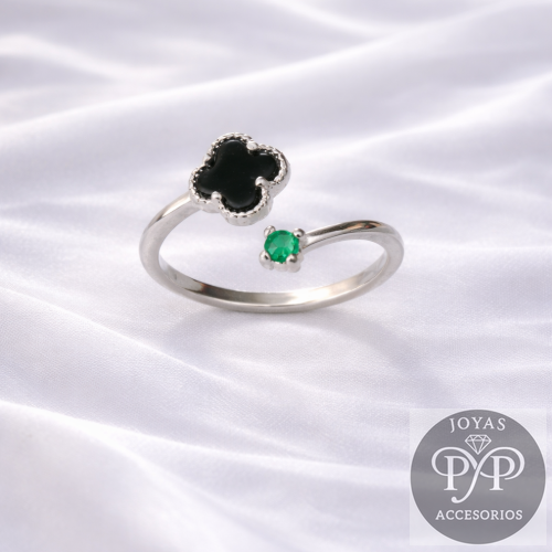Anillo Trébol y Esmeralda en Plata 950